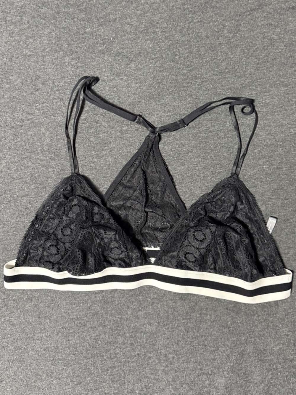 Black Lace Bralette with Striped Elastic Band